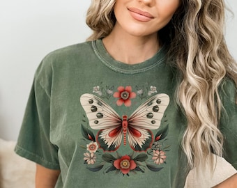 Camicia a farfalla vintage Cottagecore, t-shirt Fairycore Comfort Colors, maglietta floreale Dark Academia Nature Lover