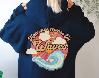 Bluza z kapturem w stylu retro „Szczęście przychodzi w falach” – Letnie, plażowe klimaty