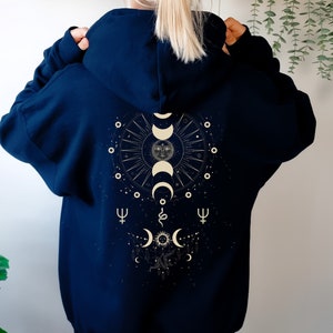 Cute Boho Celestial Moon Phases Mystical Hoodie, Witchy Hoodie, Celestial Spiritual Sweatshirt, Hoodie design on back