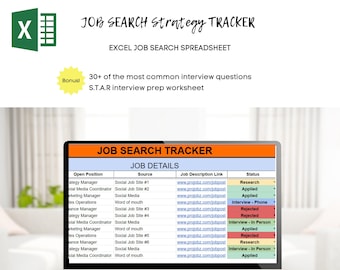 May include: A computer screen displaying a spreadsheet titled "Job Search Strategy Tracker" with a list of job titles, sources, job description links, and application statuses. The spreadsheet is designed to help users track their job search progress.