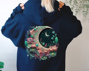 Sudadera con capucha y fases lunares florales: Sudadera de bruja celestial