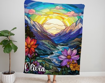 Personalized Stained Glass Floral Blanket: Cottagecore Fleece Throw
