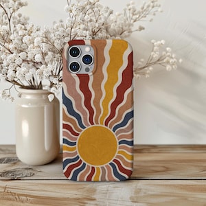 Retro Sun Phone Case, Groovy Sunrise Aesthetic Protective Cover for iPhone 16 15 14 13 & Samsung Galaxy s24 s23 s22, Google Pixel 9 8 7 6