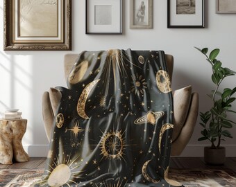 Celestial Velveteen Plush Blanket: Mystical Moon Phases Sherpa Fleece