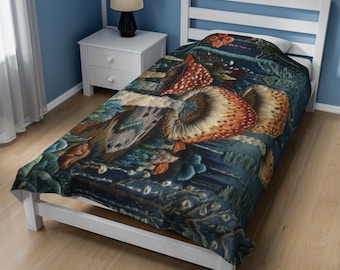 Couverture en peluche Cottagecore en velouté champignon : aspect brodé