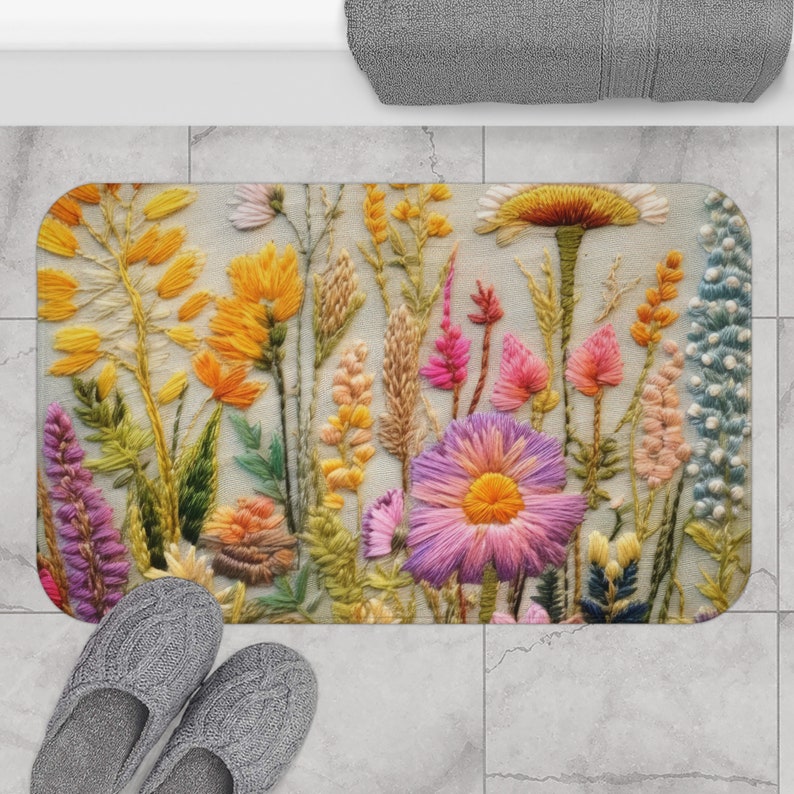 Wildflower Bath Mat, Floral Aesthetic Bath Mat, Non-Slip Custom Washable Bath Rug, Faux Embroidery Bath Mat, Botanical Bathroom Home Decor