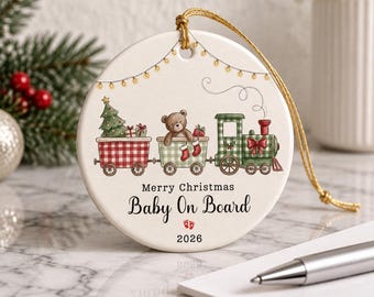 Merry Christmas Baby On Board Pregnancy Announcement Ornament | Custom Ceramic Round Holiday Decoration