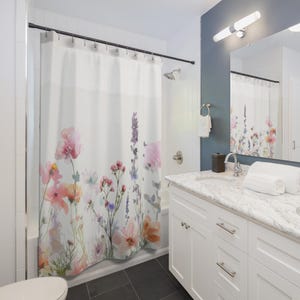 Wildflower 71x74 Shower Curtain, Floral Bathroom Decor,  Aesthetic Home Decor Bath Set, Wildflower Meadow Bath Mat