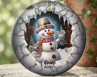 Personalized Snowman Ornament Ceramic Decoration | Custom Name 2026, Winter Scene