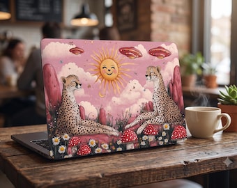 Smiling Sun with Cheetahs Retro Matte MacBook Case | Psychedelic Mushroom Meadow