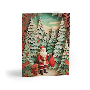 Vintage Santa Christmas Tree Greeting Card Set available in 8 16 24 pc, Classic Holiday Cards, Traditional Christmas Cards