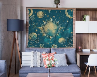 Celestial Sun, Moon & Stars Tapestry: Vintage Goth Boho Wall Art