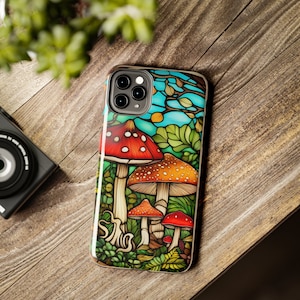 Cottagecore Stained Glass Garden Mushrooms Tough Phone Case iPhone 11, 12, 13, 14, Pro, Iphone 14 Pro Max, Fairycore Phone Case