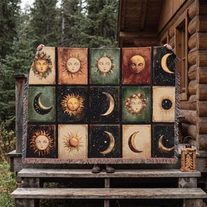 Celestial Sun Moon Stars Woven Blanket | Tapestry Throw, Astrology Grid Design