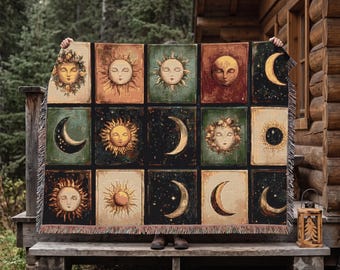 Celestial Sun Moon Stars Woven Blanket | Tapestry Throw, Astrology Grid Design