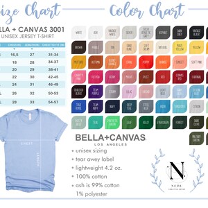 May include: Size chart and color chart for Bella + Canvas 3001 unisex jersey t-shirts. The chart shows sizes XS to 3XL with corresponding chest, length, and chest to fit measurements in inches. The color chart shows a variety of colors, including white, black, red, blue, green, and yellow.
