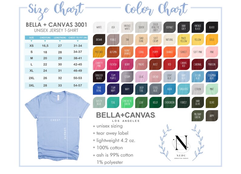 May include: Size chart and color chart for Bella + Canvas 3001 unisex jersey t-shirts. The chart shows sizes XS to 3XL with corresponding chest, length, and chest to fit measurements in inches. The color chart shows a variety of colors, including white, black, red, blue, green, and yellow.