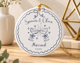 Personalized Champagne Toast Married Newlywed Ornament | Custom Ceramic Round Wedding Keepsake