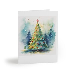 Set of 8 16 24 Watercolor Christmas Tree Holiday Cards with white Envelope, Christmas Greeting Cards, Christmas Notecard, Festive Postcards