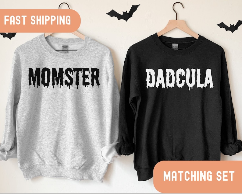 Halloween Momster & Dadcula Matching Sweatshirts, Dad Halloween Shirt, Mom Halloween Shirt, Couple Halloween Sweaters, Trick or Treat Shirts image 1