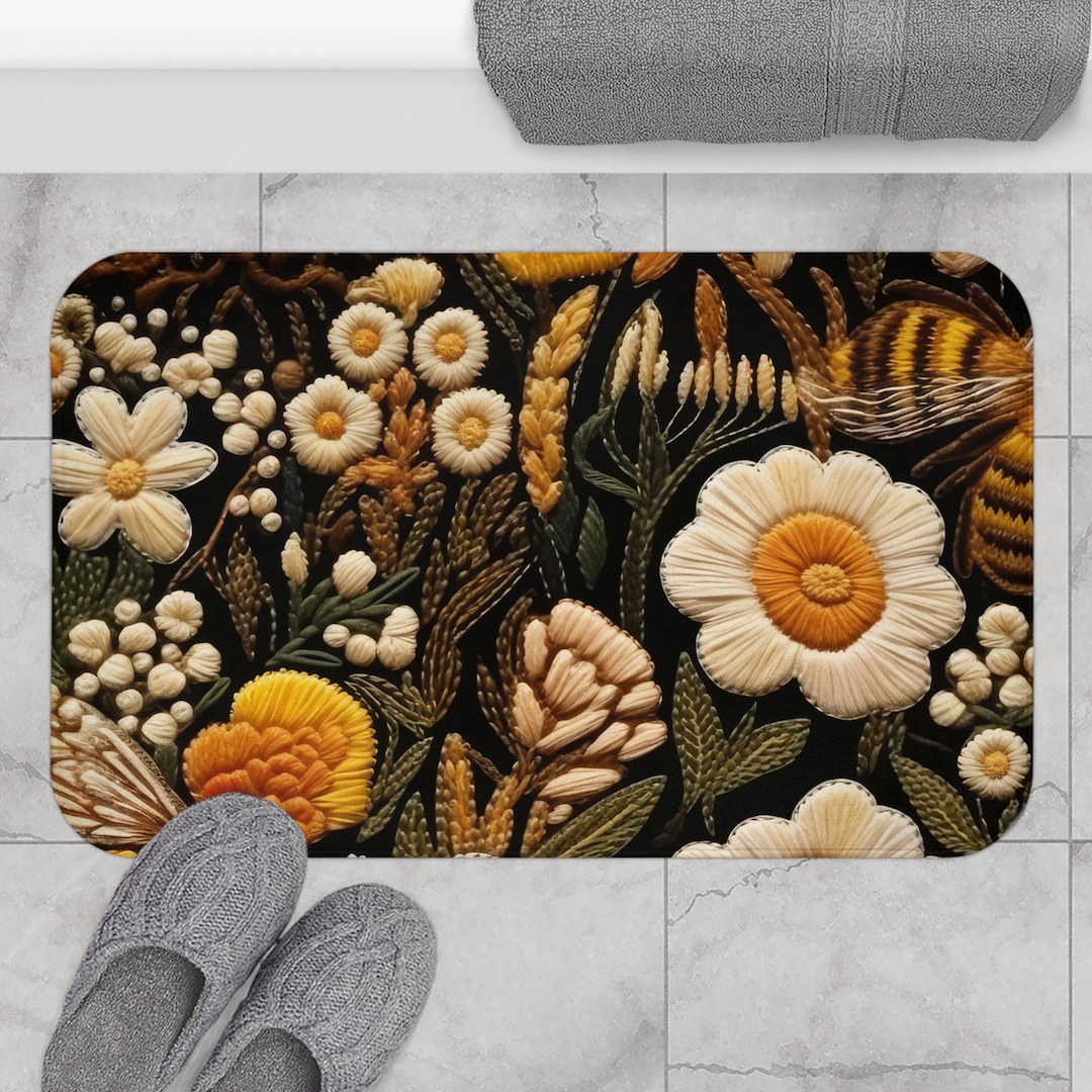 Floral Cottagecore Bath Mat, Cottagecore Bath Rug, Embroidery Look ...