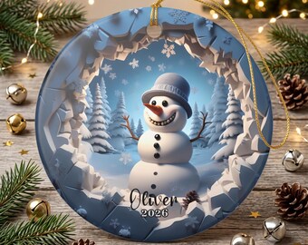 Personalized Snowman Ornament Ceramic Decoration | Custom Name 2026, Winter Scene