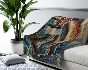 Cottagecore Mushroom Embroidered Look Sherpa Fleece Blanket