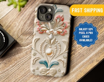 Bejeweled Pearl 3D Floral Tough Phone case for Samsung® Galaxy s24, s24 Ultra, iPhone 15 14 13, Google Pixel 8 7 6 Pro