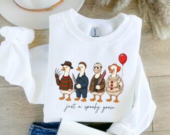 Spooky Goose Halloween Horror Movie Sweatshirt | Hand-Drawn Characters, Soft Cotton-Poly Blend