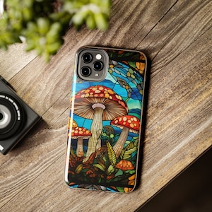 Cottagecore Stained Glass Garden Mushrooms Tough Phone Case iPhone 11, 12, 13, 14, Pro, Iphone 14 Pro Max, Fairycore Phone Case
