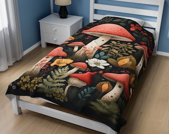 Mushroom Plush Fleece Blanket: Cottagecore Forest Botanical Throw