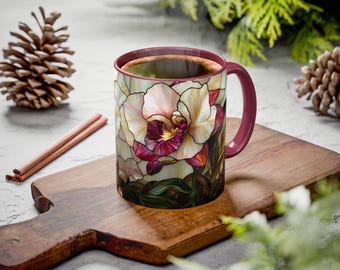 Orchid Stained Glass Floral Accent Mug | Garden Lover Ceramic Coffee Cup