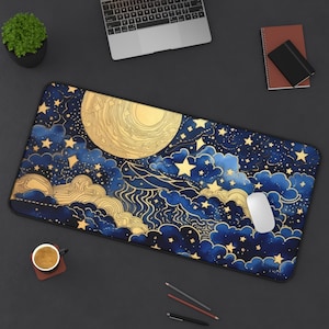 Tappetino da scrivania Gold Celestial Moon & Stars, tappetino da scrivania estetico mistico, tappetino per mouse grande personalizzato, tappetino da tavolo perfetto per i giochi in ufficio a casa