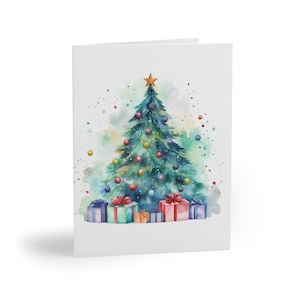 Set of 8 16 24 Watercolor Christmas Tree Holiday Cards with white Envelope, Christmas Greeting Cards, Christmas Notecard, Festive Postcards