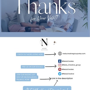 Pode incluir: Gr&aacute;fico promocional com o texto "Thanks for Your Visit!" e links para as redes sociais. A imagem inclui o logotipo da loja Etsy e um call to action para um desconto na pr&oacute;xima compra.
