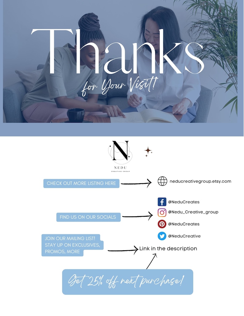 Pode incluir: Gr&aacute;fico promocional com o texto "Thanks for Your Visit!" e links para as redes sociais. A imagem inclui o logotipo da loja Etsy e um call to action para um desconto na pr&oacute;xima compra.