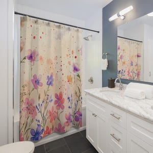 Wildflower 71x74 Shower Curtain, Floral Bathroom Decor,  Aesthetic Home Decor Bath Set, Wildflower Meadow Bath Mat