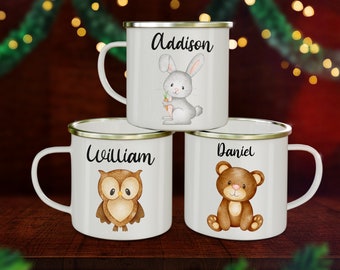 Personalisierte Kinder Emaille Tasse: Waldtier Lagerfeuer Tasse
