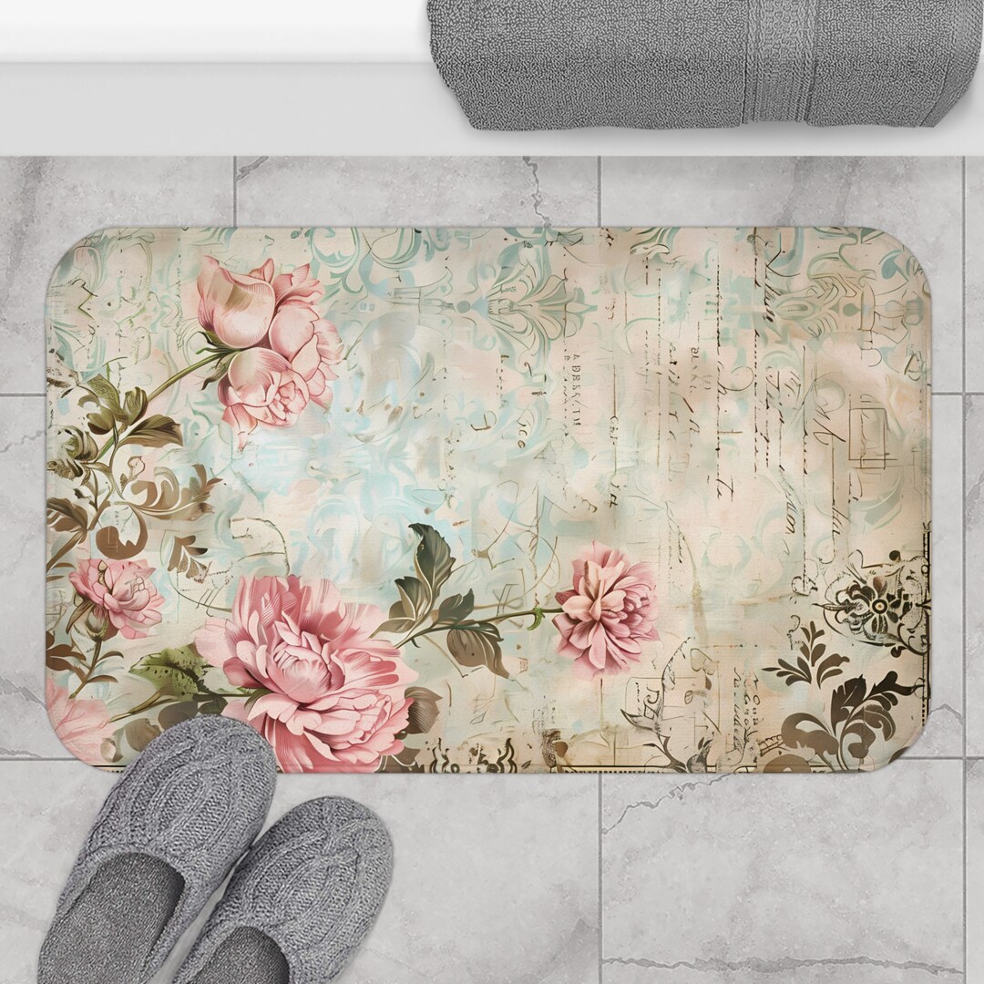 Vintage Floral Shabby Chic Bath Mat, Floral Aesthetic Bath Mat, Custom Washable Bath Rug