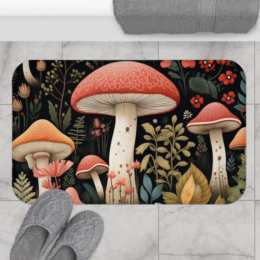 Cute Cottagecore Garden Mushroom Bath Mat, Floral Aesthetic Bath Mat ...