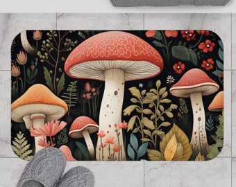 Könnte beinhalten: Eine farbenfrohe Badematte mit einem Pilz- und Blumendesign. Die Pilze sind rot mit weißen Punkten und die Blumen sind rosa, gelb und grün.