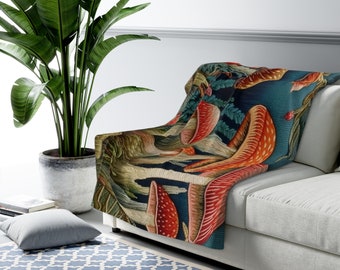 Cottagecore Mushroom Sherpa Fleece Blanket: Embroidered Forest Design