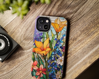 iPhone 15 Cottagecore Stained Glass Garden Wildflowers Tough Phone Case iPhone 11, 12, 13, 14, Pro, Iphone 14 Pro Max, Fairycore Phone Case