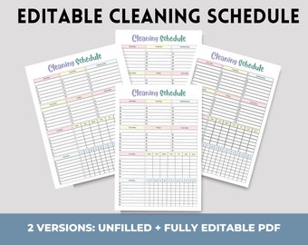 May include: Three printable cleaning schedule templates with pastel colours and a handwritten font. The templates are labelled "Cleaning Schedule" and include days of the week and numbered rows.
