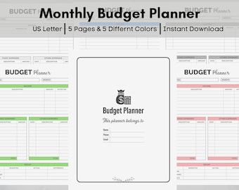 May include: A digital monthly budget planner with a clean, minimalist design. The planner includes sections for income, expenses, and budget goals. The text "Monthly Budget Planner" and "US Letter" are visible. The planner is available in 5 different colors.