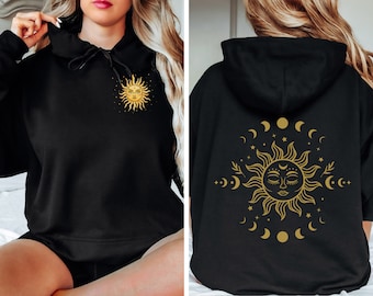 Sudadera con capucha Celestial Sun Moon Phases: sudadera bohemia de bruja