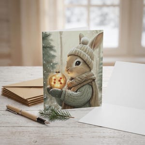 Può includere: Un biglietto d'auguri con l'illustrazione di un coniglio marrone chiaro che indossa un berretto di lana beige con pon-pon, sciarpa e maglione abbinati. Il coniglio tiene in mano una pallina di Natale dorata e traslucida in un bosco innevato.