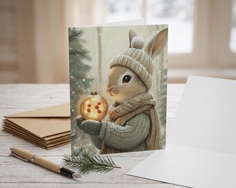 Woodland Winter Bunny Christmas Greeting Cards | Holiday Blank Note Cards