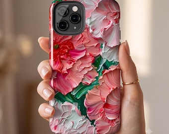 Pink Peony Oil Paint Texture Phone Case | Acrylic Aesthetic Tough iPhone 17 16 15, Samsung s26 s25 s24 Cover