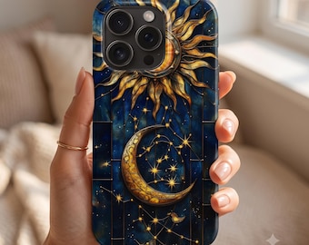 Sun and Crescent Moon Phone Case | Celestial Night Sky, Gold Stars iphone Samsung Galaxy